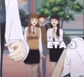 a group of people standing next to each other with the words eta 3 on the bottom of the screen .
