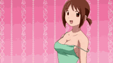 a girl in a green tank top is standing in front of a pink background with circles on it