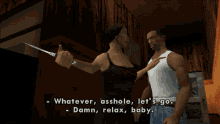 a video game scene with a woman holding a knife and a man pointing at her