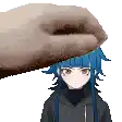 a pixel art of a hand putting a girl 's head on top of another girl 's head .