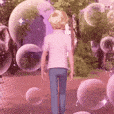 a man is walking down a path with bubbles surrounding him