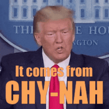 a man in a suit and tie says " it comes from chy-nah "