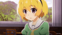 a girl with yellow hair and pink eyes is sitting in front of a window in a classroom