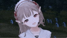 a girl with a microphone on her head looks at the camera
