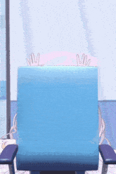 a cartoon character is sitting in a blue chair with her hands on the back