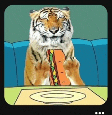 a tiger is sitting at a table with a sandwich in its paws .