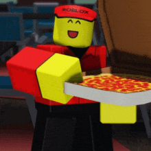 a roblox character holds a box of pizza
