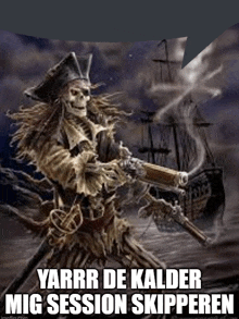 a pirate skeleton is holding a gun in front of a pirate ship .