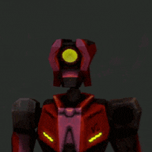 a close up of a red robot with a yellow light