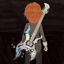 a cartoon character is holding a guitar with skulls and flames on it .