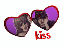 a couple of hearts with the word kiss in red letters