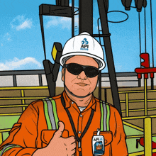 a man wearing a hard hat and sunglasses is giving a thumbs up for api outros