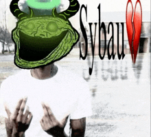 a picture of a man with a green troll face on his head and the word sybau on the bottom