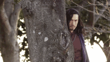 a man with long hair and a beard stands next to a tree