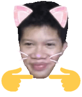 a man with cat ears on his head and yellow fingers