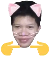 a man with cat ears on his head and yellow fingers