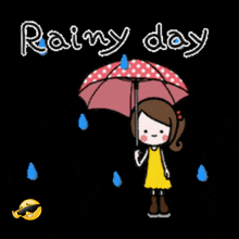 a girl holding an umbrella with the words rainy day below