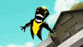 a cartoon character in a black and yellow costume is flying through the air