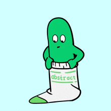 a green cartoon character is holding a white sock with the word abstract on it
