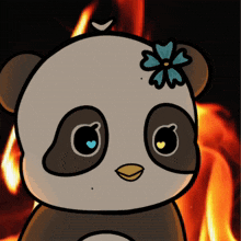 a cartoon panda bear with a blue flower in its hair