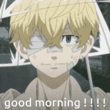 a person with bandages on their face is holding an umbrella and says good morning