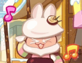 a cartoon character is wearing a white bunny hat and a striped sweater .