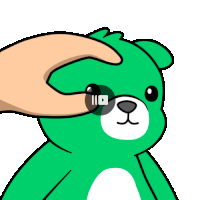 a cartoon of a green teddy bear being petted by a person