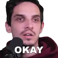 a man in a red hoodie is holding a microphone and saying okay