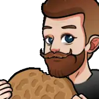 a cartoon of a man with a beard and mustache holding a cookie