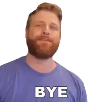 a man with a beard is wearing a blue shirt with the word bye on it
