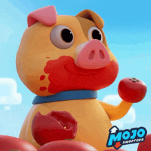 a pig holding a red apple with mojo swoptops written on the bottom