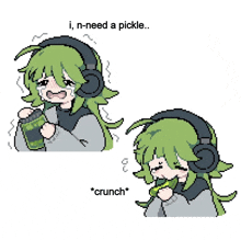 a pixel art of a girl eating a pickle