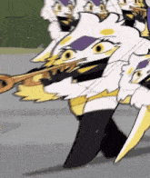 a cartoon of a cat playing a trumpet with many faces