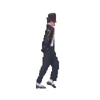 a man in a black suit and top hat is walking on a white background