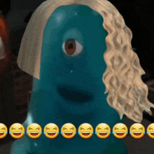 a blue monster with blonde hair is surrounded by yellow smiley faces
