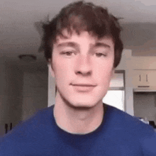 a young man wearing a blue sweater is looking at the camera .