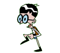 a cartoon character with glasses and a backpack is running and making a funny face .