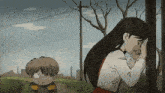 a cartoon of a boy and a girl standing next to a tree