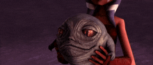 a cartoon character is holding a gray frog with red eyes