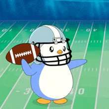 a cartoon penguin wearing a helmet holds a football