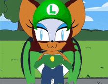a cartoon character is wearing a green hat with a letter l on it