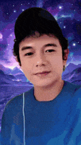 a young man wearing a blue shirt and a black hat looks at the camera