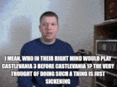 a man in a blue sweater is talking about castlevania 3
