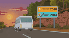 a cartoon of a bus driving down a road with a billboard that says 2010 and 2013