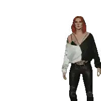 a woman with red hair and a tattoo on her arm is holding a white shirt .