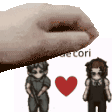 a hand is reaching out towards two cartoon characters with a red heart .