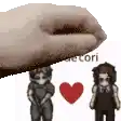 a hand is reaching out towards two cartoon characters with a red heart .