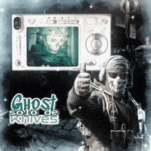 a ghost giving a thumbs up next to a camera that says ghost solo de knives on it