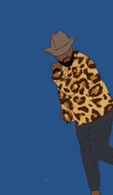 a man with a cowboy hat and a leopard print jacket