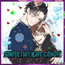 sinful twilight canon is written on a picture of two people hugging